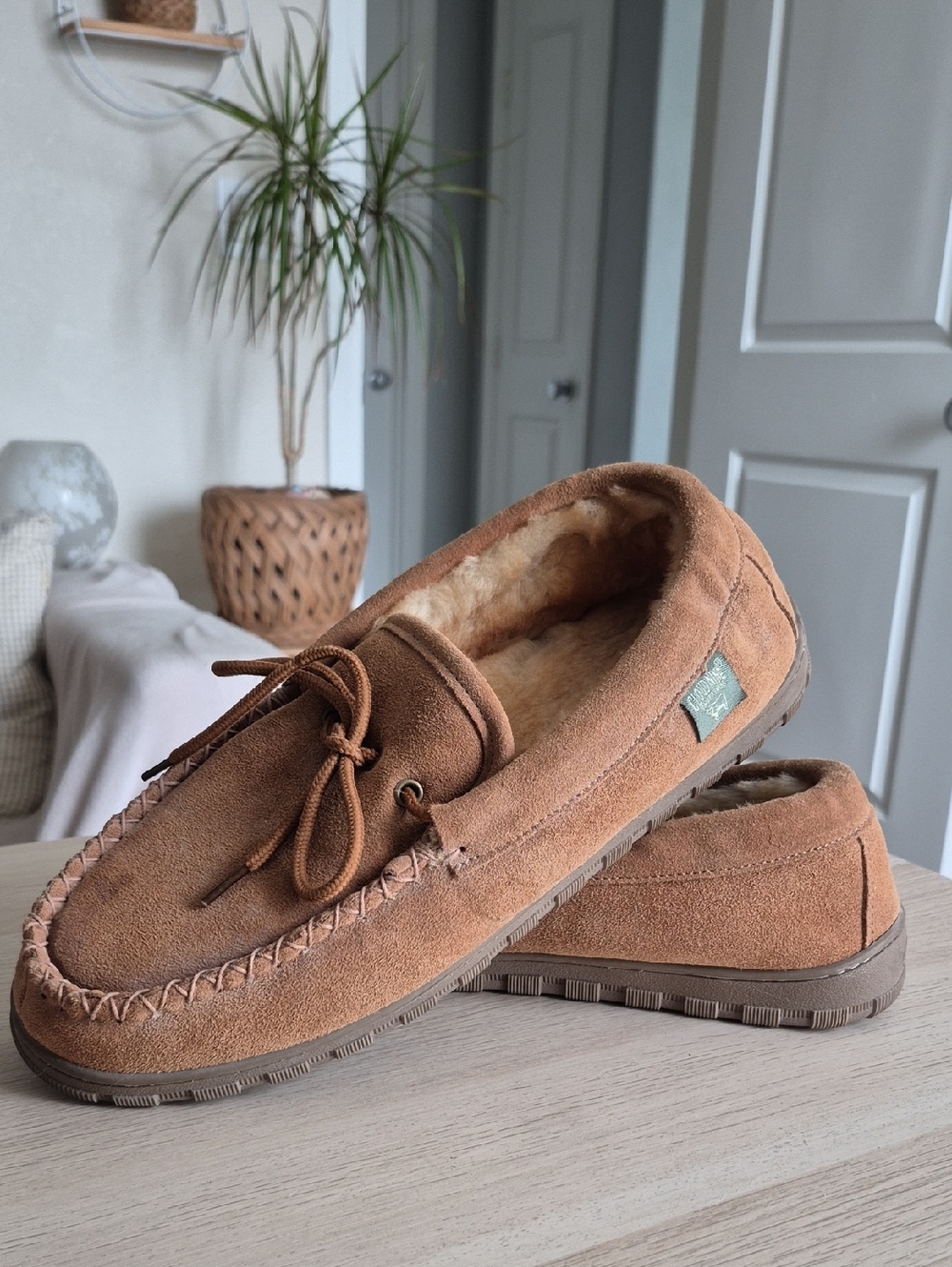Men's CLOUD NINE Brown Suede Moccasin Slippers with Plush Lining, Size 12